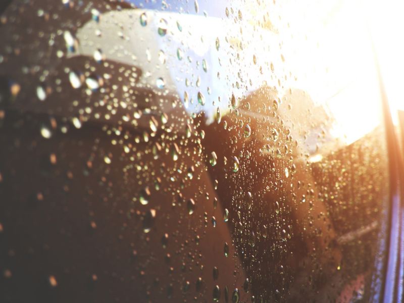 Närbild av en bilruta med regndroppar.