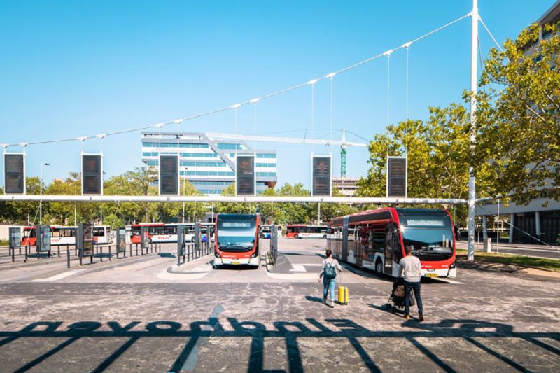 Bus station with electric buses in Eindhoven.