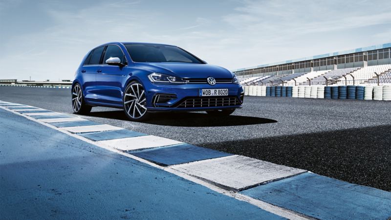 VW Golf R on a racetrack, front view