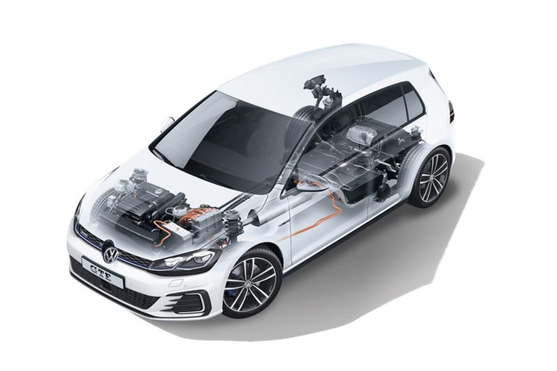 Rappresentazione grafica del sistema di propulsione ibrida di una Volkswagen Golf GTE.