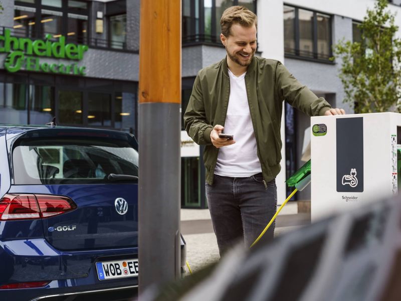 A Volkswagen e-Golf is charged.