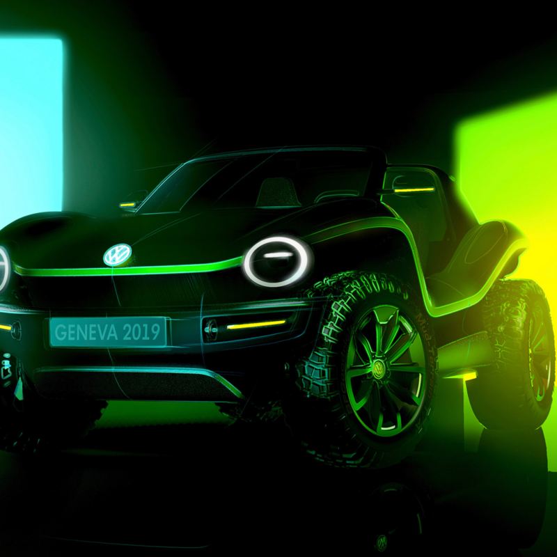 Concept Car Volkswagen ID. Buggy de 3/4 avant face avec des carrés lumineux vert et bleu en arrière-plan.