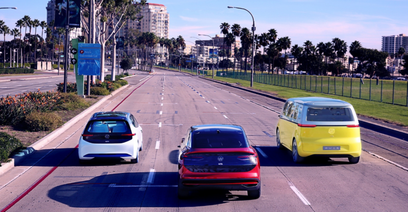 The ID. Neo, ID. Crozz and ID. Buzz driving along a street in Los Angeles