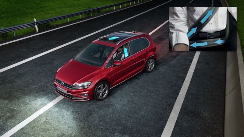 Rappresentazione grafica del funzionamento del limitatore di forza per la cintura di sicurezza, applicato a un'auto Volkswagen.