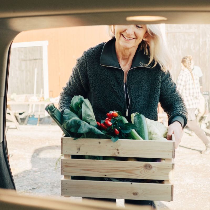 Woman packing a crate with vegetables into a car boot.