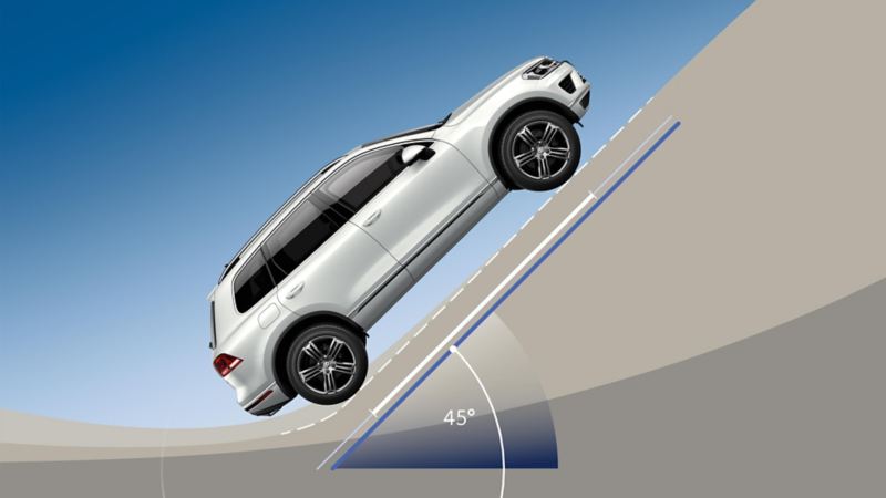 Rappresentazione grafica di una Volkswagen Touareg che risale lungo una carreggiata con pendenza di 45°.