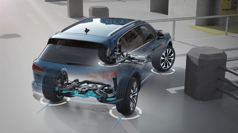 Rappresentazione grafica del funzionamento delle quattro ruote sterzanti di un'auto Volkswagen.