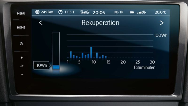 Dettaglio del display di bordo con sistema di recupero dell'energia in un'auto Volkswagen.