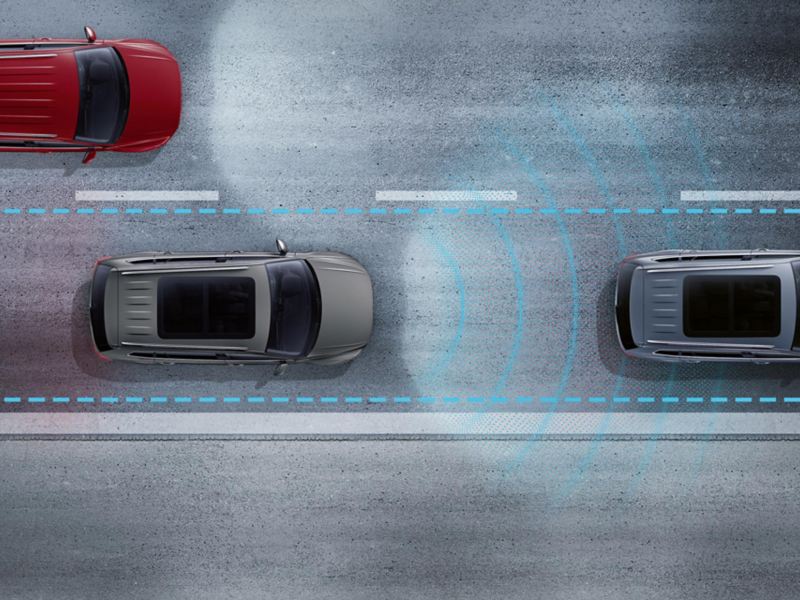 Illustration eines VW Tiguan Allspace fährt auf einer Strasse, Linien symbolisieren Spurhalteassistent und Abstandhalter