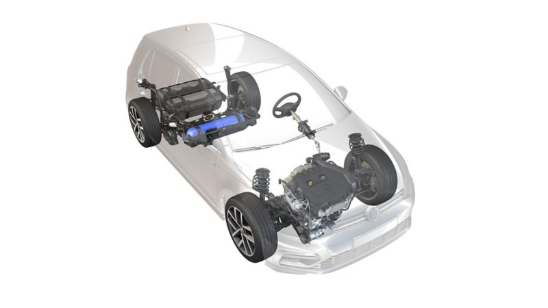 Picture of a transparent VW vehicle, natural gas drive is visible