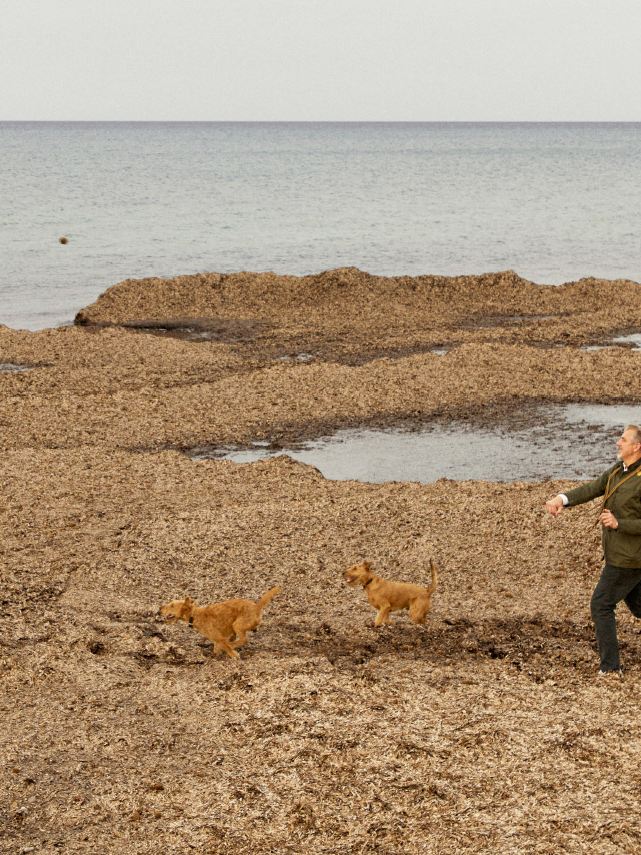 Thomas Niederste-Werbeck au bord de la mer avec ces chiens