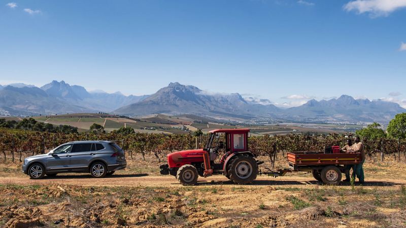 The Tiguan Allspace in front of the mountain panorama of South Africa