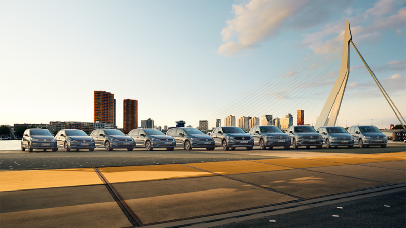 Mehrere VW-Autos stehen nebeneinander auf einer Brücke. Im Hintergrund das Panorama einer Stadt mit Hochhäusern und blauer Himmel.