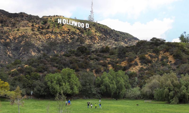 Park under Hollywood sign in California sunshine