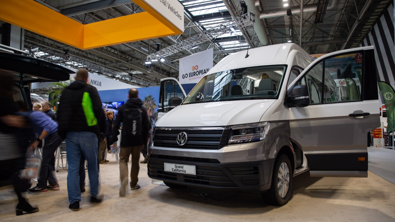 Grand California 680 on display with open doors