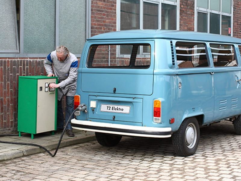 Vintage VW electric van charging