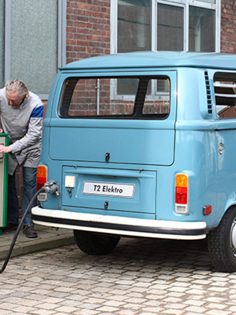 Vintage VW electric van charging