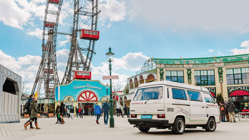 Camper van parked outside fairground