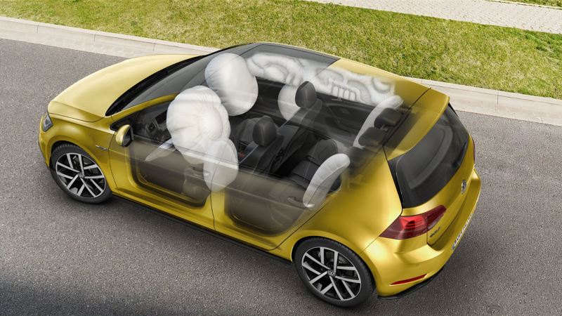Rappresentazione grafica del funzionamento degli Airbag montati su Volkswagen Golf, vista 3/4 posteriormente dall'alto.