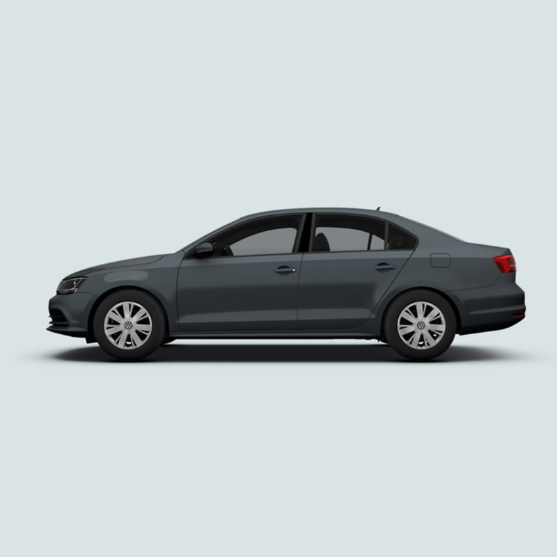 Profile view of a grey Volkswagen Jetta.