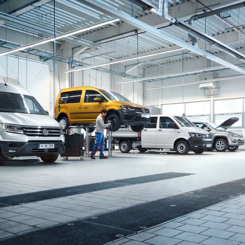 Pracownicy serwisu przy samochodach dostawczych marki Volkswagen.