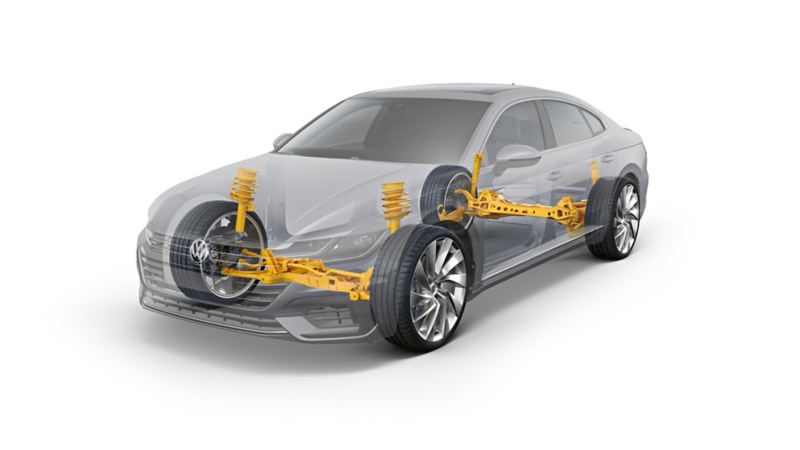 Rappresentazione grafica dell'assetto di una Volkswagen Arteon, vista 3/4 frontalmente.
