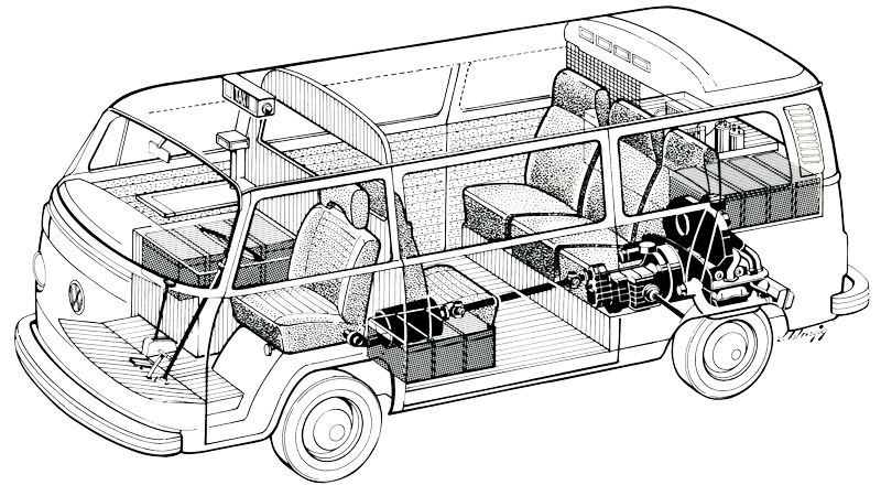 dessin croquis du T2 Combi VW en transparence