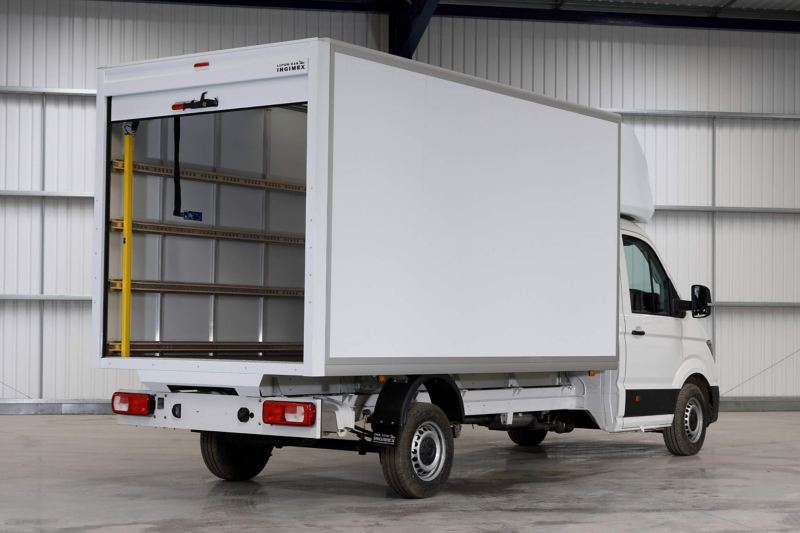 Rear of VW Crafter Luton conversion showing open load compartment