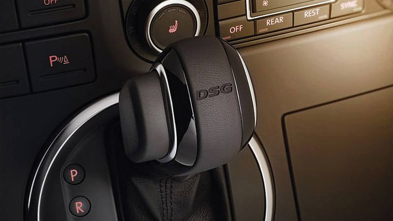 Closeup of gear stick with 'DSG' embossed