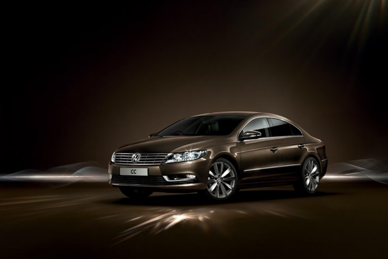 3/4 front view of a bronze Volkswagen CC.