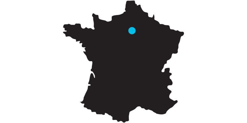 Outline of a map of France with a mark on the location of Paris