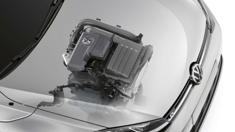 Volkswagen där man ser motor under huven genom en digital genomskärning