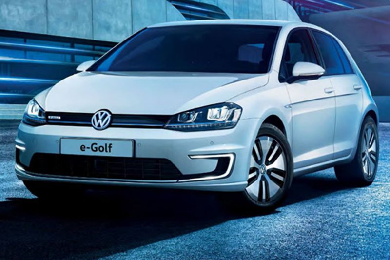 3/4 front view of a white Volkswagen e-Golf.