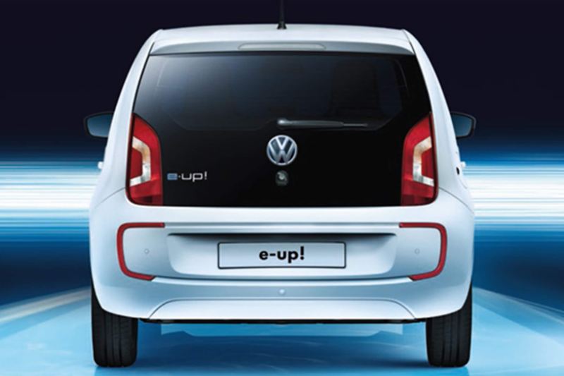Rear view of a white Volkswagen e-up!