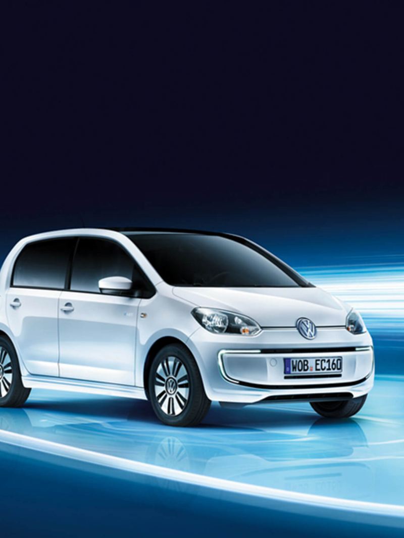 3/4 front view of a white Volkswagen e-up!.