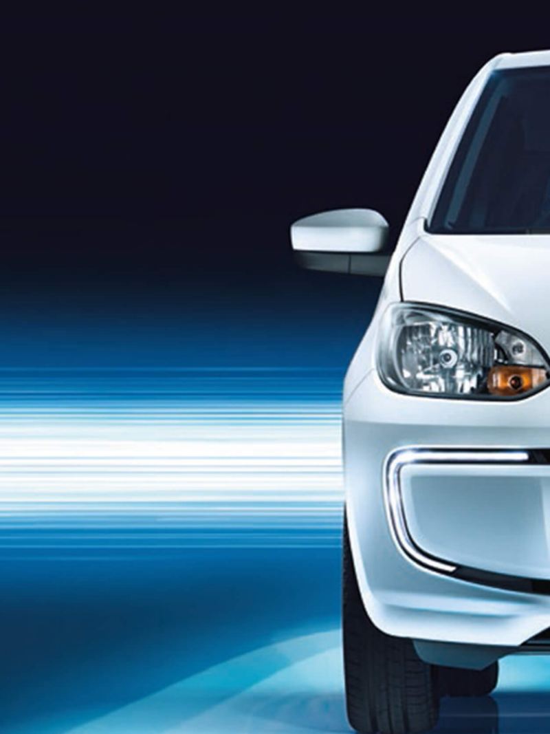Close up of the front of a white Volkswagen e-up!
