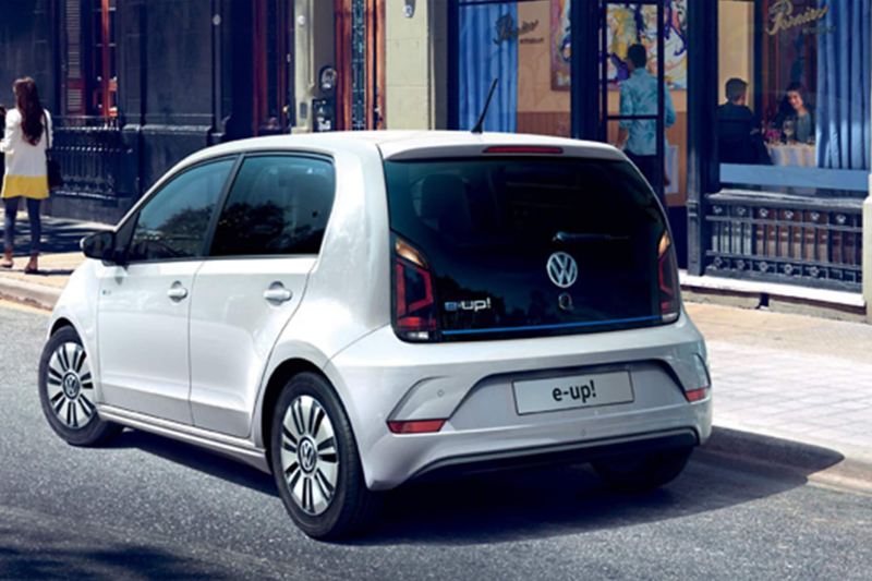 Rear view of a white Volkswagen e-up!