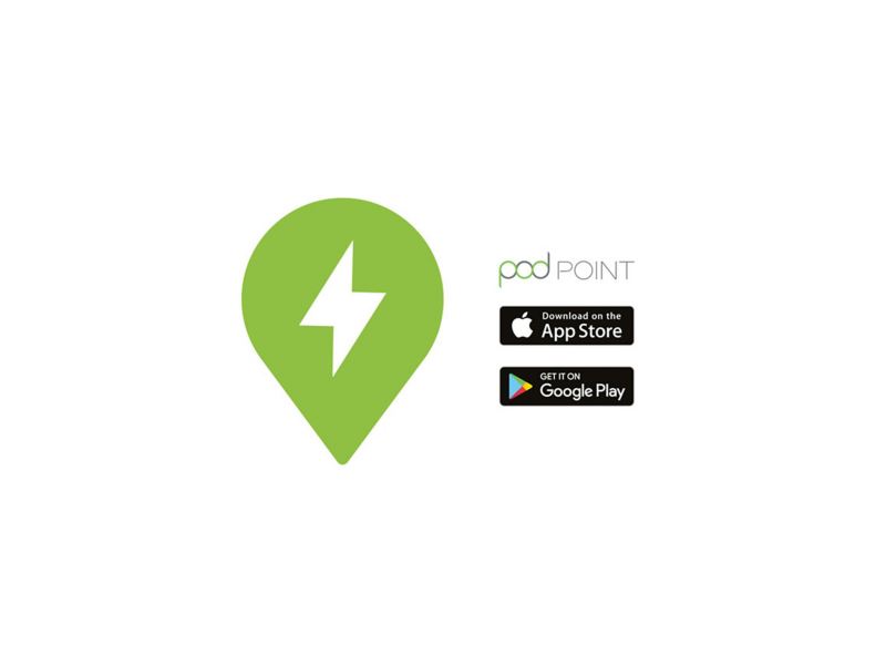 Pod Point logo alongside App Store and Google Play logo