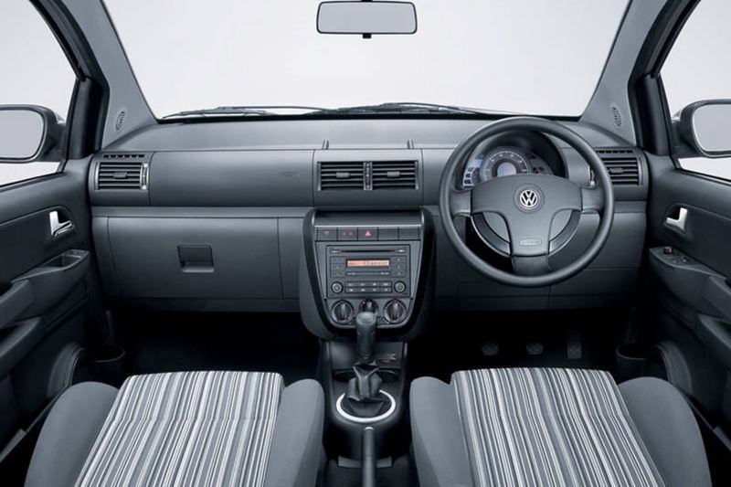 Interior shot of a Volkswagen Fox, steering wheel and dashboard.