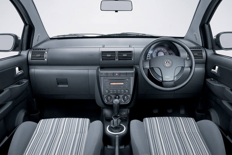 Interior shot of a Volkswagen Fox, steering wheel and dashboard.