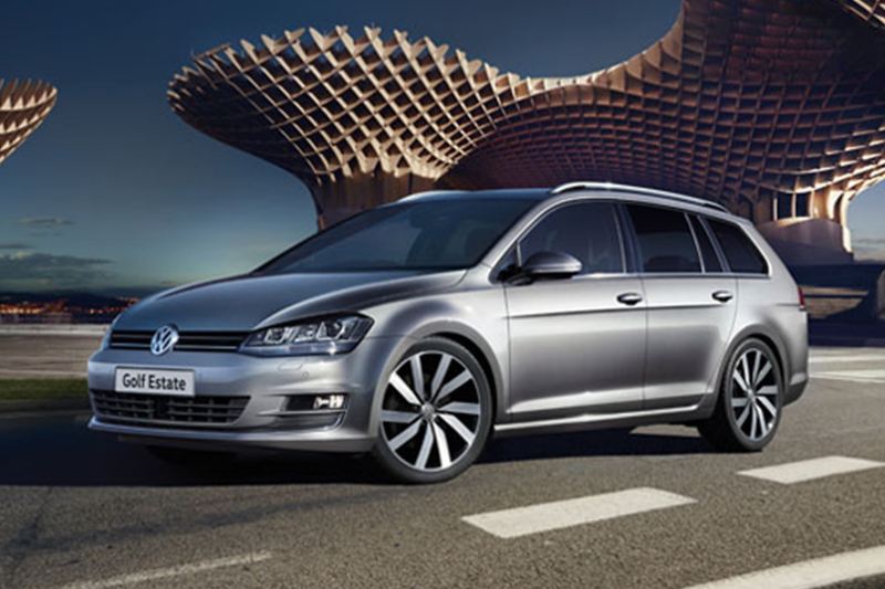 3/4 front view of a silver Volkswagen Golf Estate.