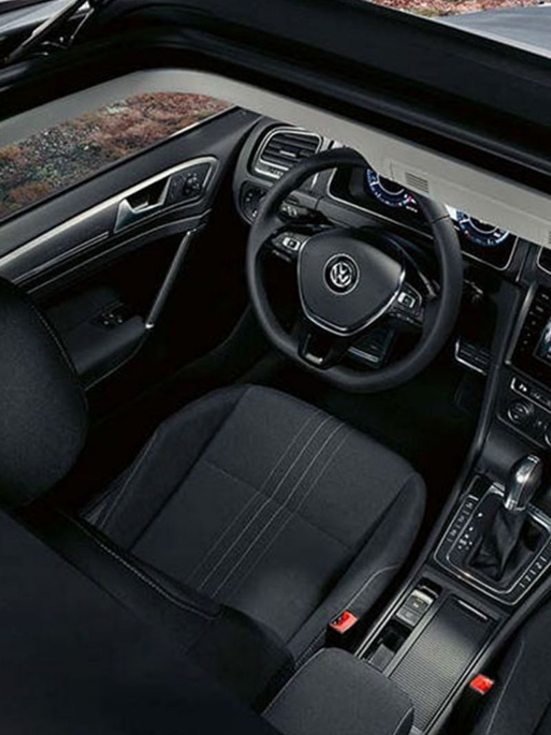 Interior shot of a Volkswagen Golf Estate seats and sunroof.