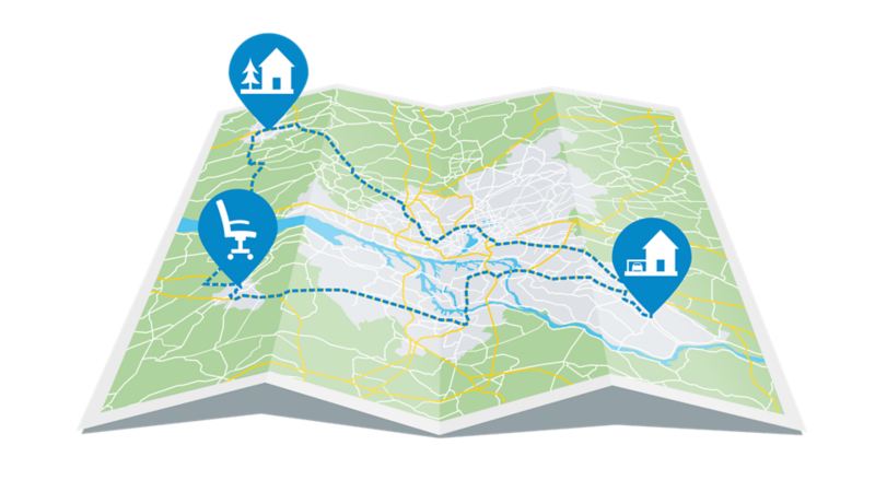 Mapa, która pokazuje drogę z domu do biura oraz miejsce wakacji poza miastem