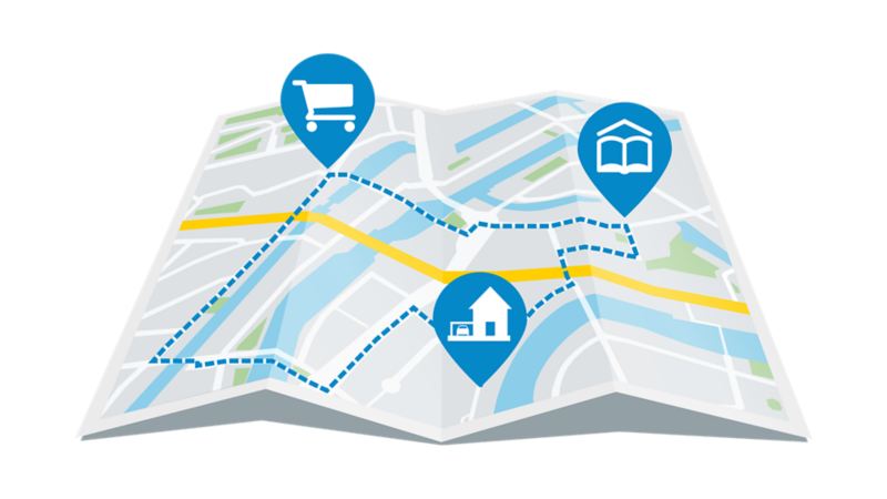 Een stadsplan waarop een route van thuis naar de supermarkt en de school is uitgezet.