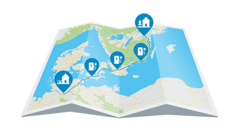 Carte routière de l’Europe septentrionale qui indique l’itinéraire menant de la maison à la destination de vacances. Le chemin est ponctué de plusieurs stations de recharge