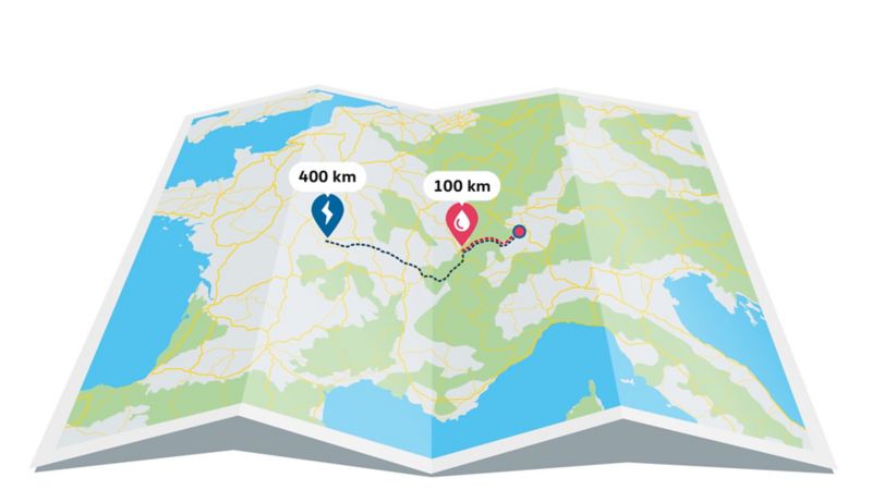 Map, range comparison combustion cars vs electric vehicles