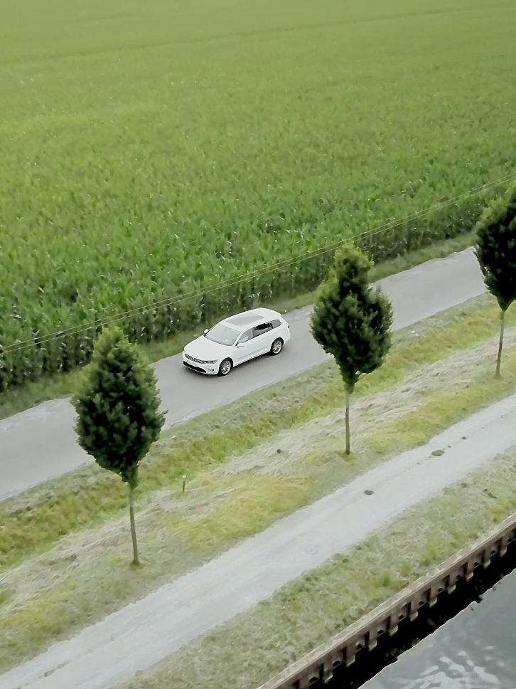 El Volkswagen e-Golf en una carretera junto a un canal