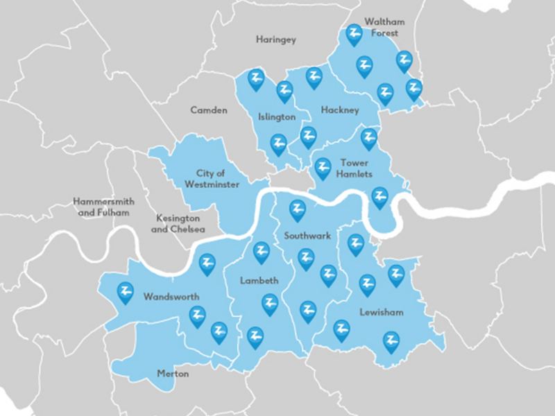 A map of London showing where to find Zipcar