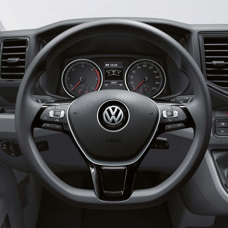 Intertior photo showing the Crafter Chassis steering wheel. 