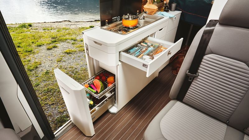 Twin hob and sink in VW Grand California kitchen